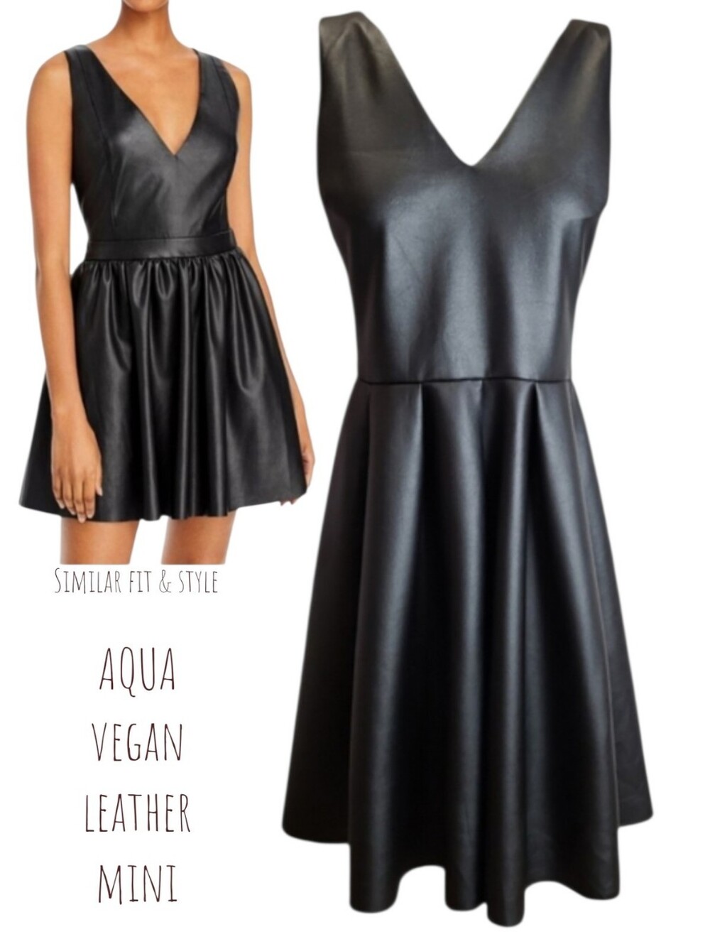 AQUA Women's Vegan Faux Leather Black Fit & Flare Mini Dress Deep V-neck S